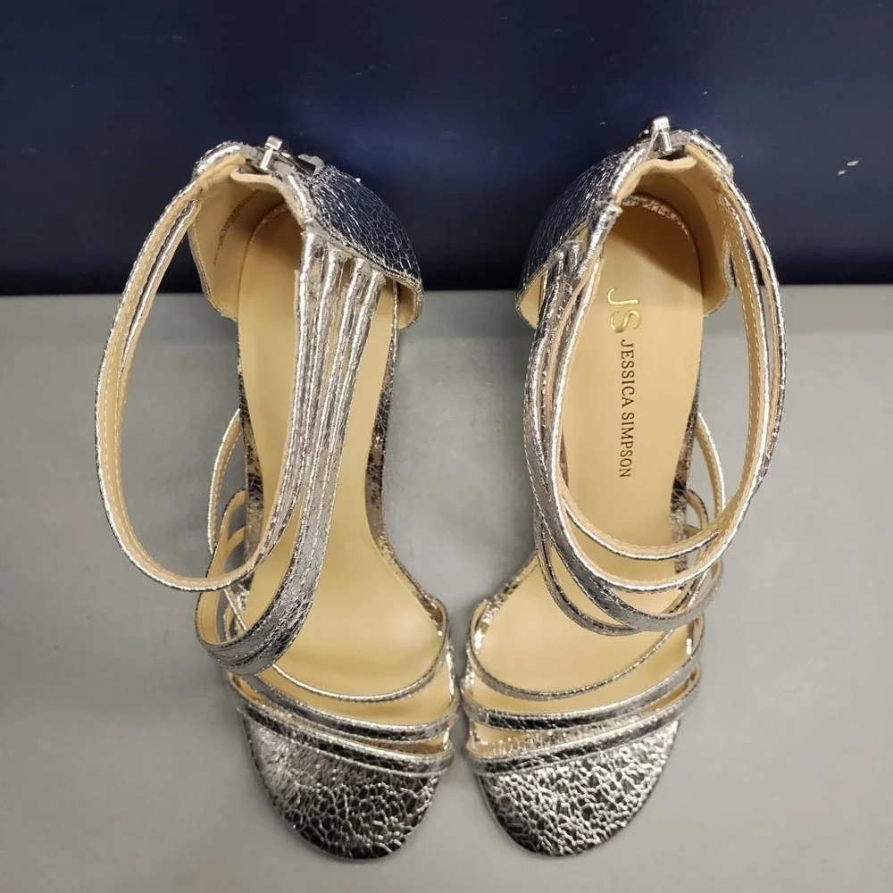 Jessica Simpson Hirrine Heeled Sandals Womens US‎ 8.5M Silver Synthetic Back Zip
